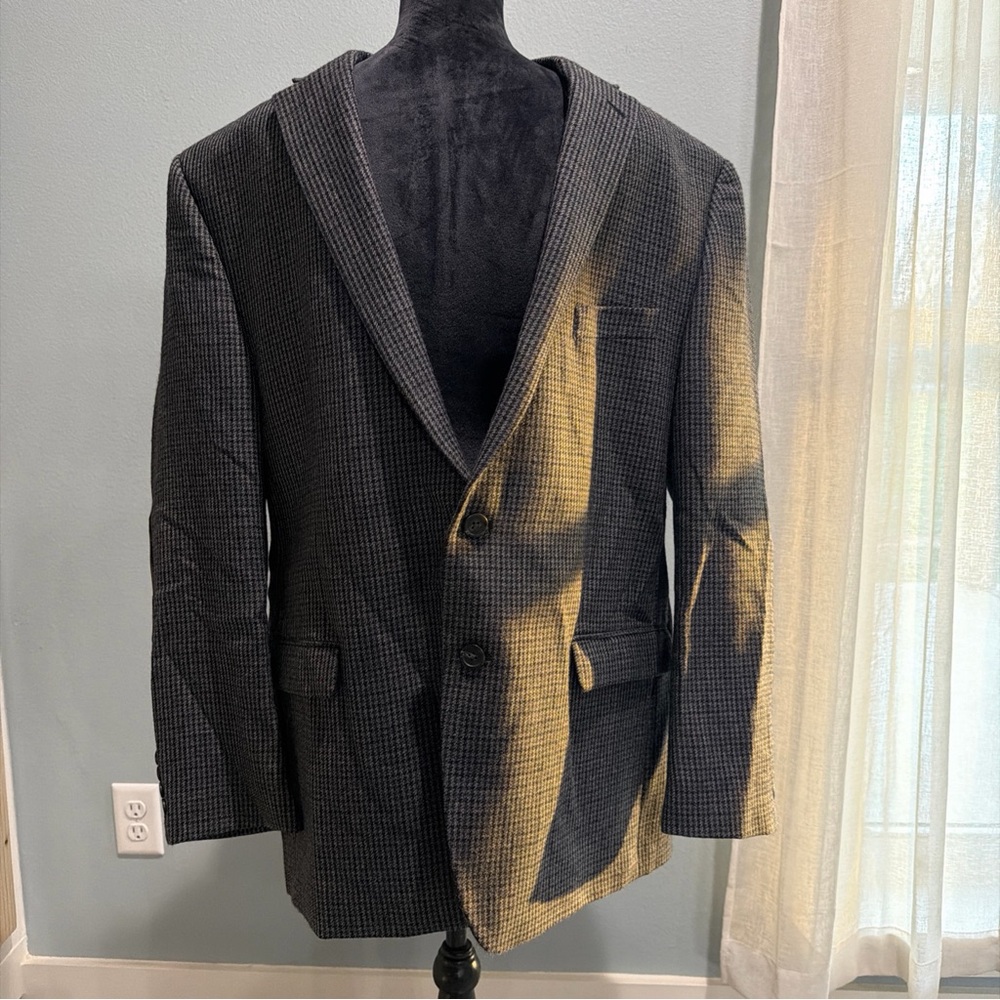 100% Wool Chaps Herringbone Checker Brown Suede Elbow Patches Blazer Jacket 46R